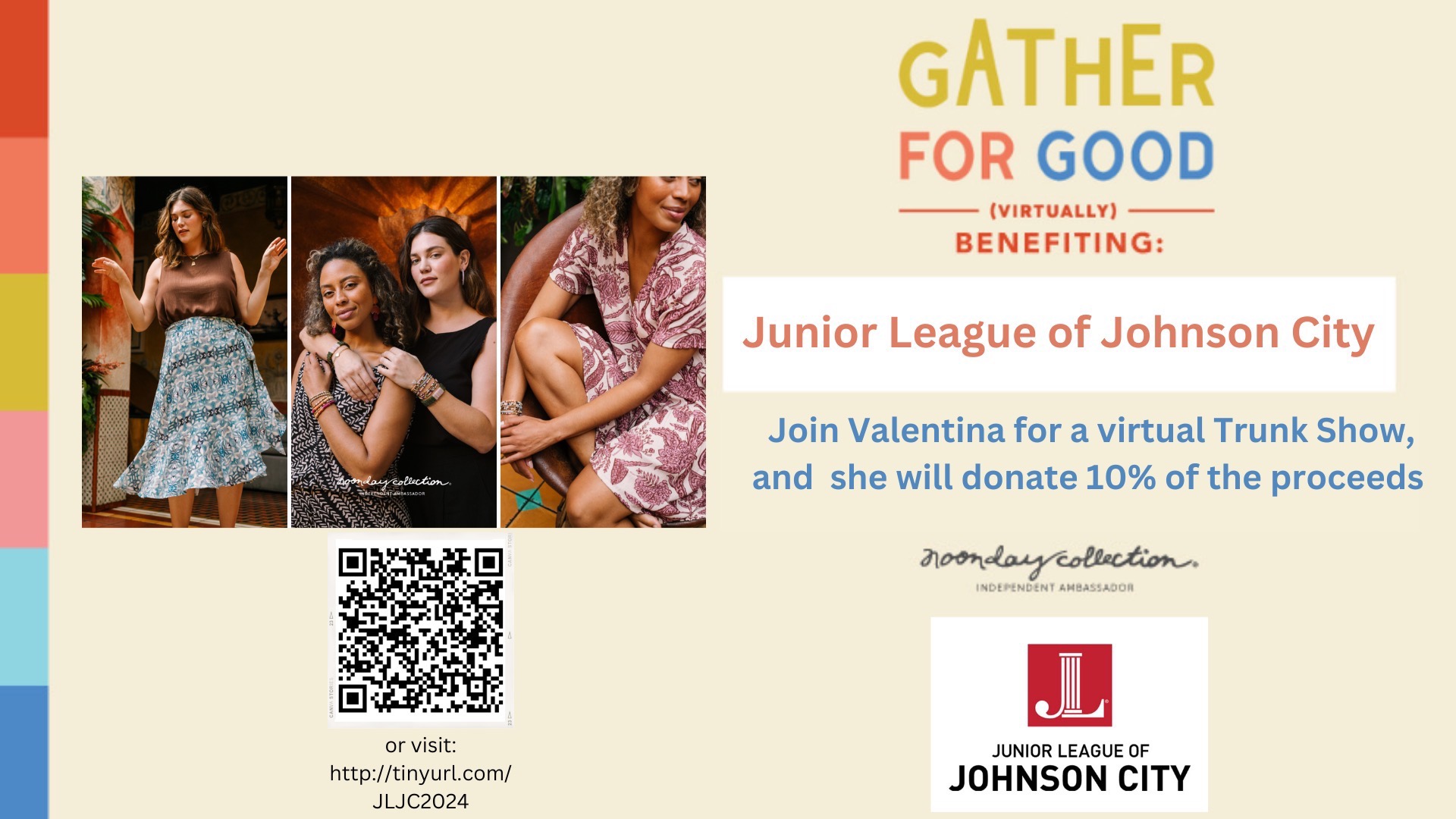 image of women wearing Noonday Collection items. Gather for good, proceeds benefit Junior League of Johnson City. Visit the link on the webpage and make a purchase for 10% to go to organization.